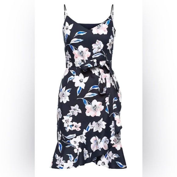 NWT Banana Republic Linen-Cotton Ruffle Wrap Navy Floral Printed Dress Size 8 - Picture 2 of 9